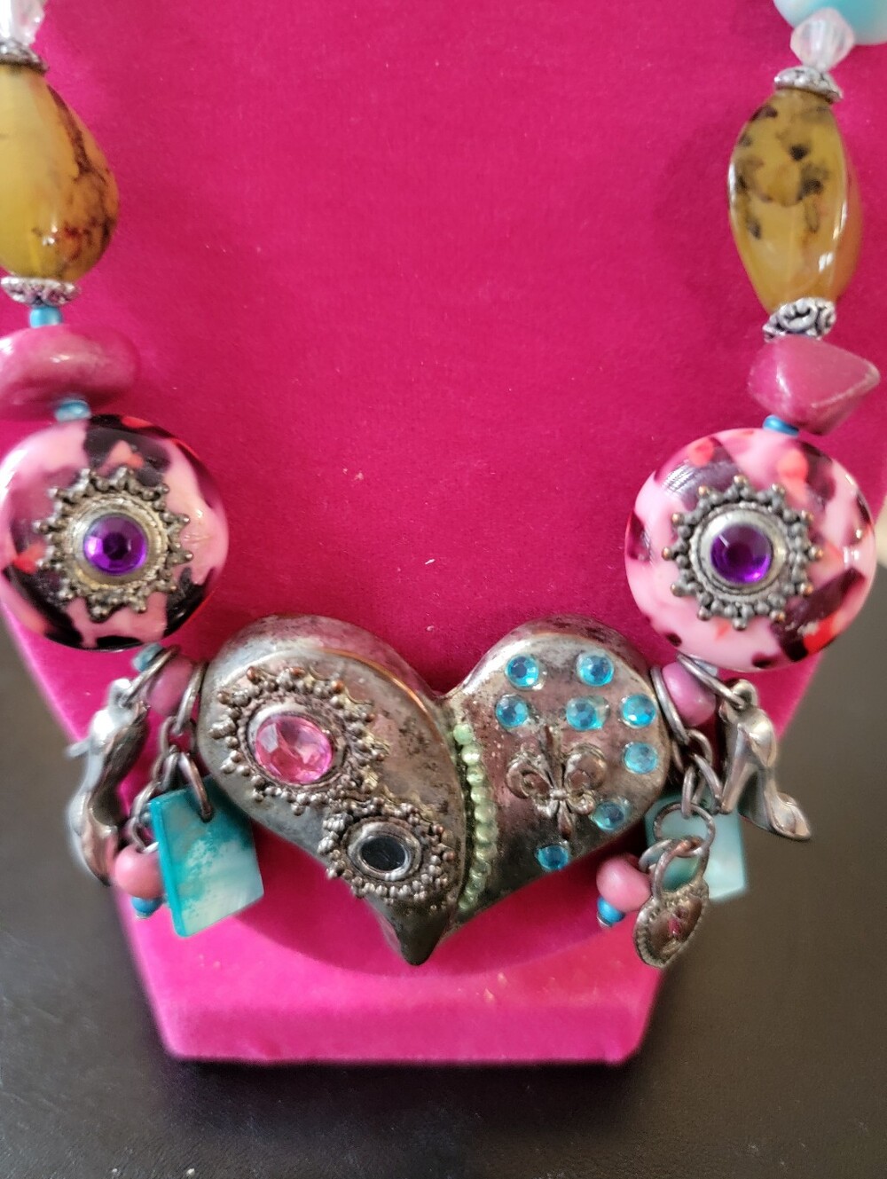 Colorful Mixed-Bead Heart Pendant Necklace - Pink & Turquoise - Picture 2 of 3
